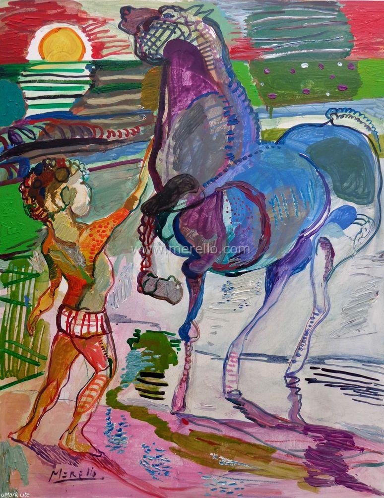 mediterran_spanische_kunst-zeitgenossische_kunst-moderne_spanische_kunstler_maler-spanien-merello.-nino_con_caballo_azul_(92x73_cm)mixta-tabla